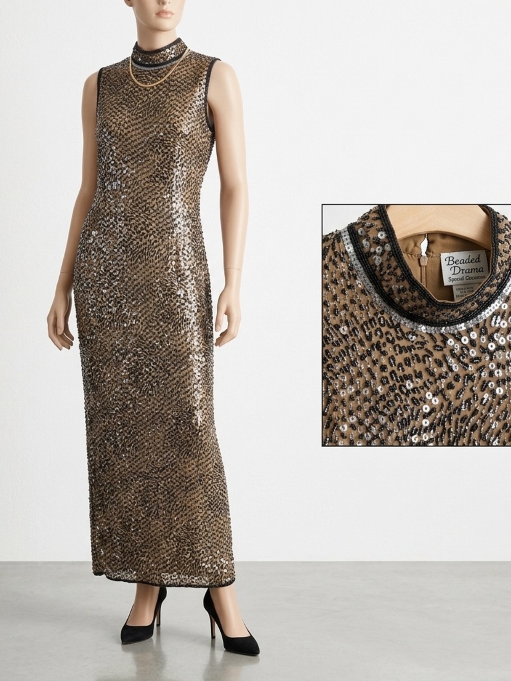 💋💎✨ Vintage 90s Glam: Beaded Drama Sequin Leopard Maxi ✨ 💎💋